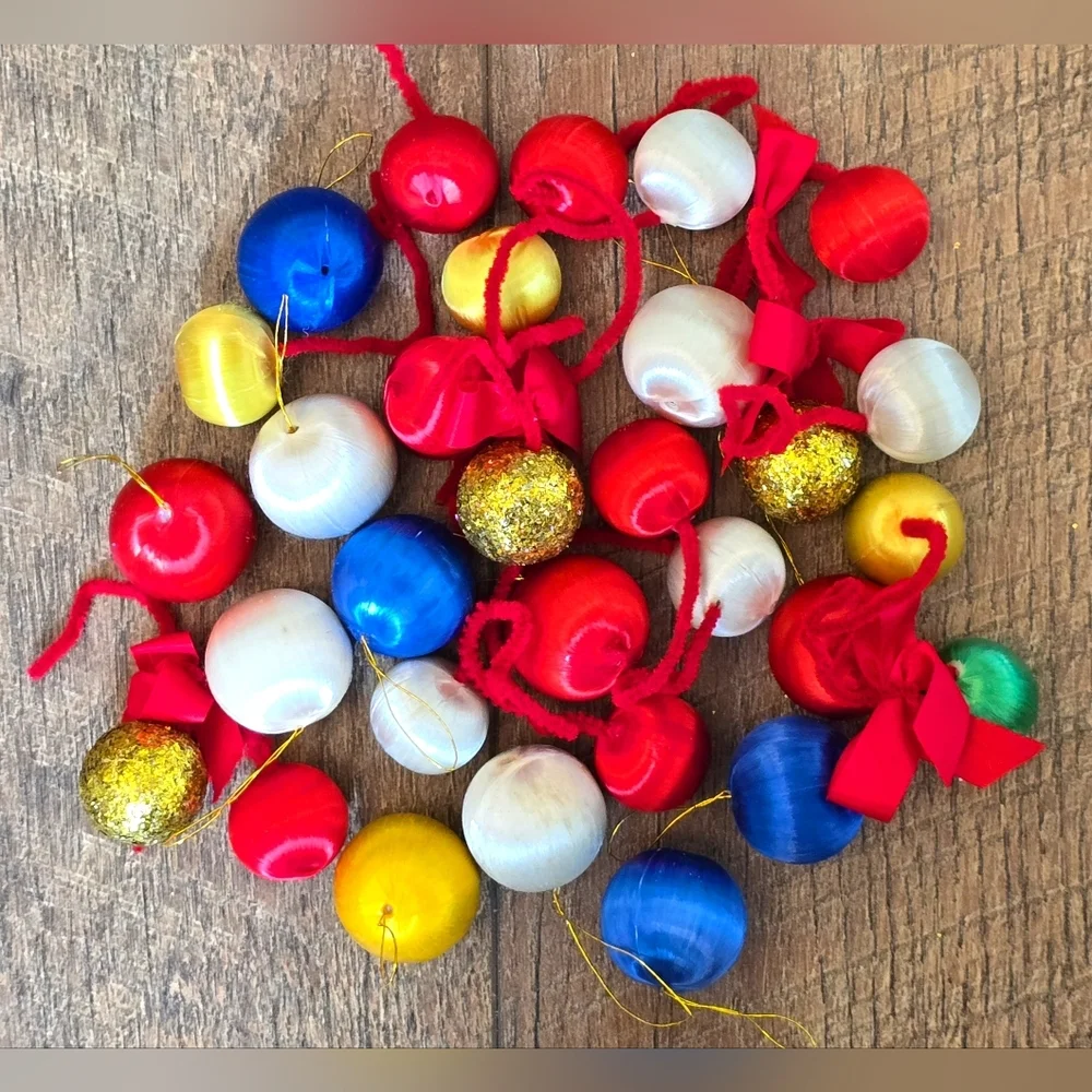 30 Vintage Miniature Satin Silk and Glitter Christmas Tree Ornaments Balls